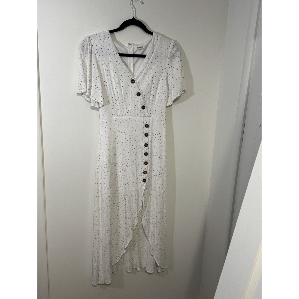 Fashion On Earth White Black Polka Dot Wrap Dress V-Neck Short Sleeve Zip Size S